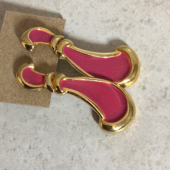 Gold with hot pink enamel drop earrings - Picture 4 of 7